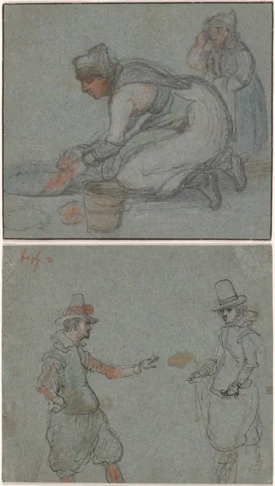 A Woman Doing Laundry in an Ice Hole (recto); Two Gentlemen (verso)