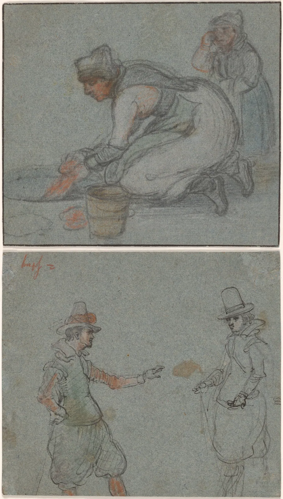 A Woman Doing Laundry in an Ice Hole (recto); Two Gentlemen (verso) by Hendrick Avercamp