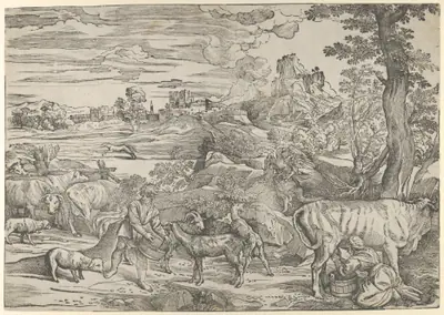 Landscape with a milkmaid at right and a boy at left