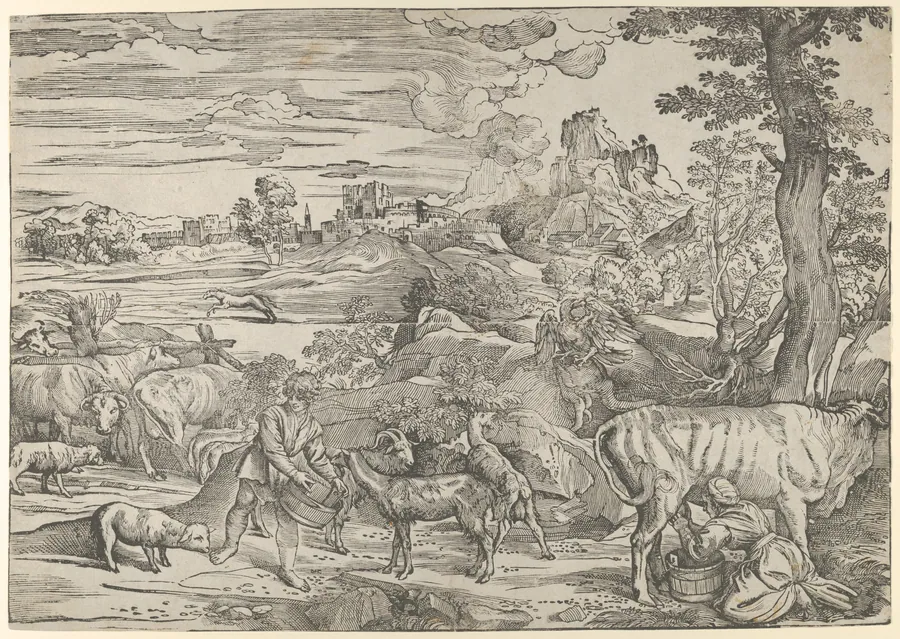 Landscape with a milkmaid at right and a boy at left by Titian (Tiziano Vecellio)