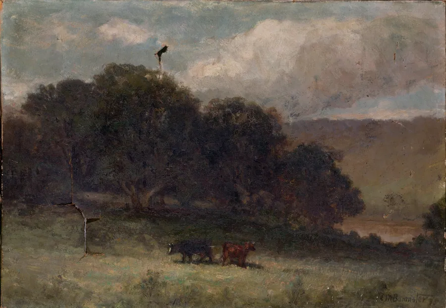 Untitled (landscape with trees and two cows in meadow) by Edward Mitchell Bannister, born St. Andrews, New Brunswick, Canada 1828-died Providence, RI 1901