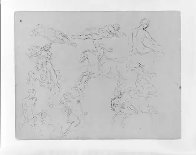 Standing Female Nudes; Seated Monarch; Small Figure Composition; Bust of a Demure Woman (from Sketchbook)