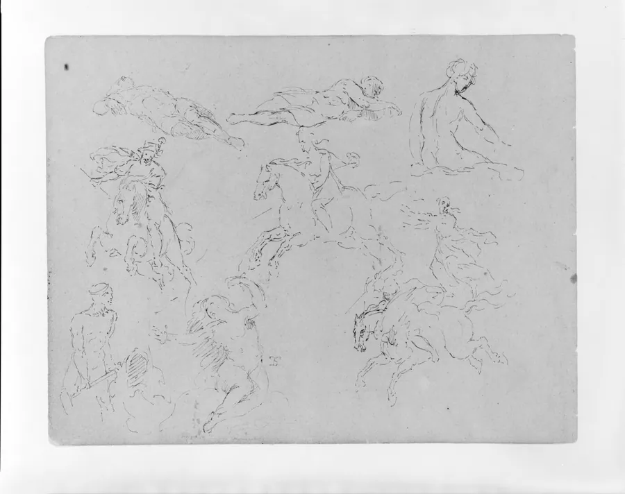 Standing Female Nudes; Seated Monarch; Small Figure Composition; Bust of a Demure Woman (from Sketchbook) by Thomas Sully