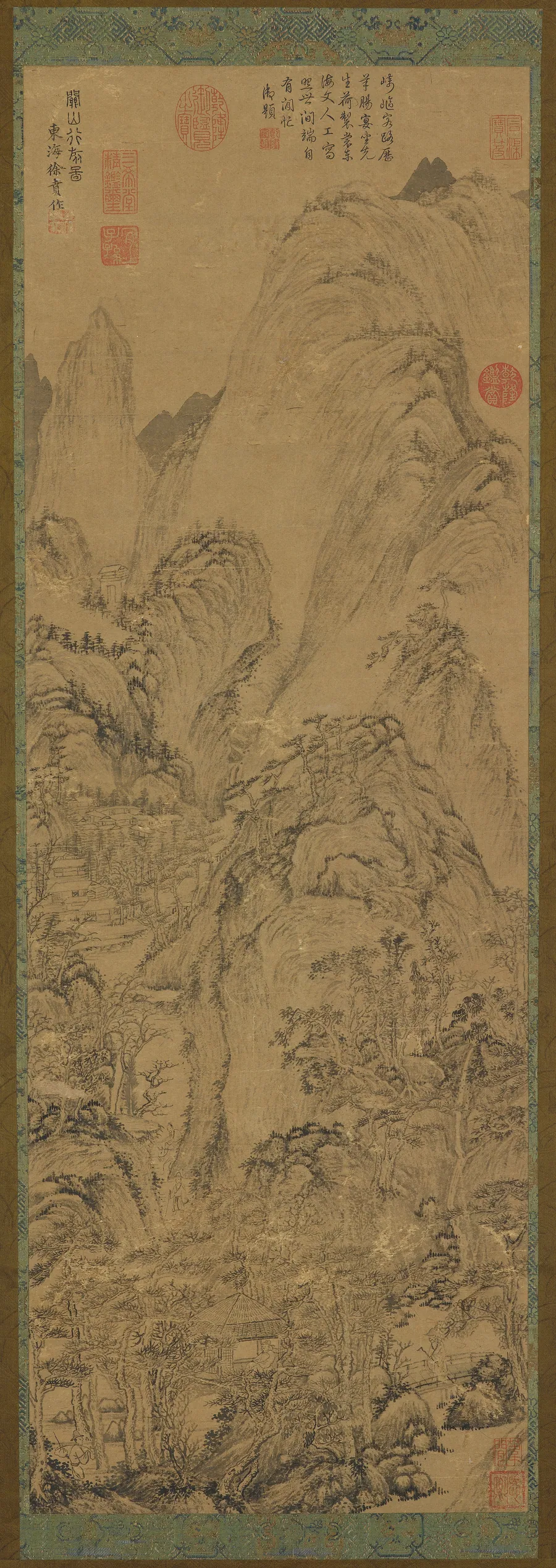 Mountain gorge: houses and a stream in the valley by Formerly attributed to Xu Ben (1335-1380)