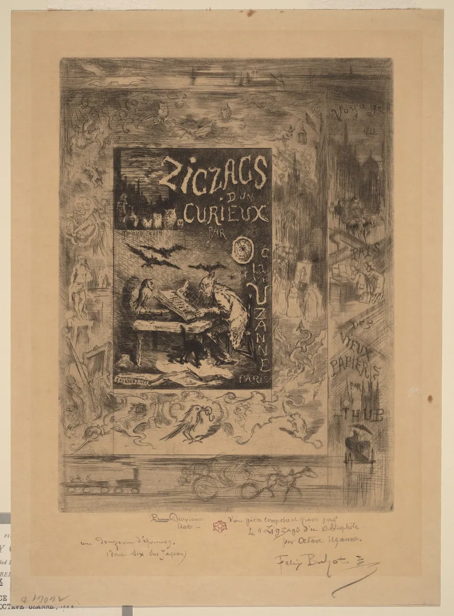 Frontispiece for "Zigzags d'un Curieux, d'Octave Uzanne" by Félix-Hilaire Buhot