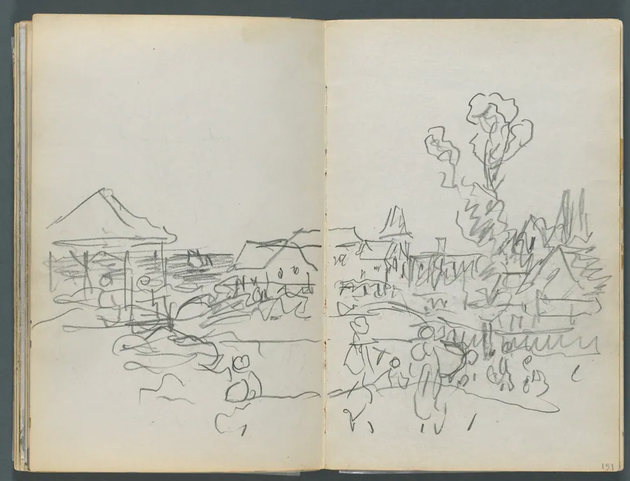 Sketchbook, The Dells, N° 127, page 150 &151: Coastal View with Houses by Maurice Prendergast