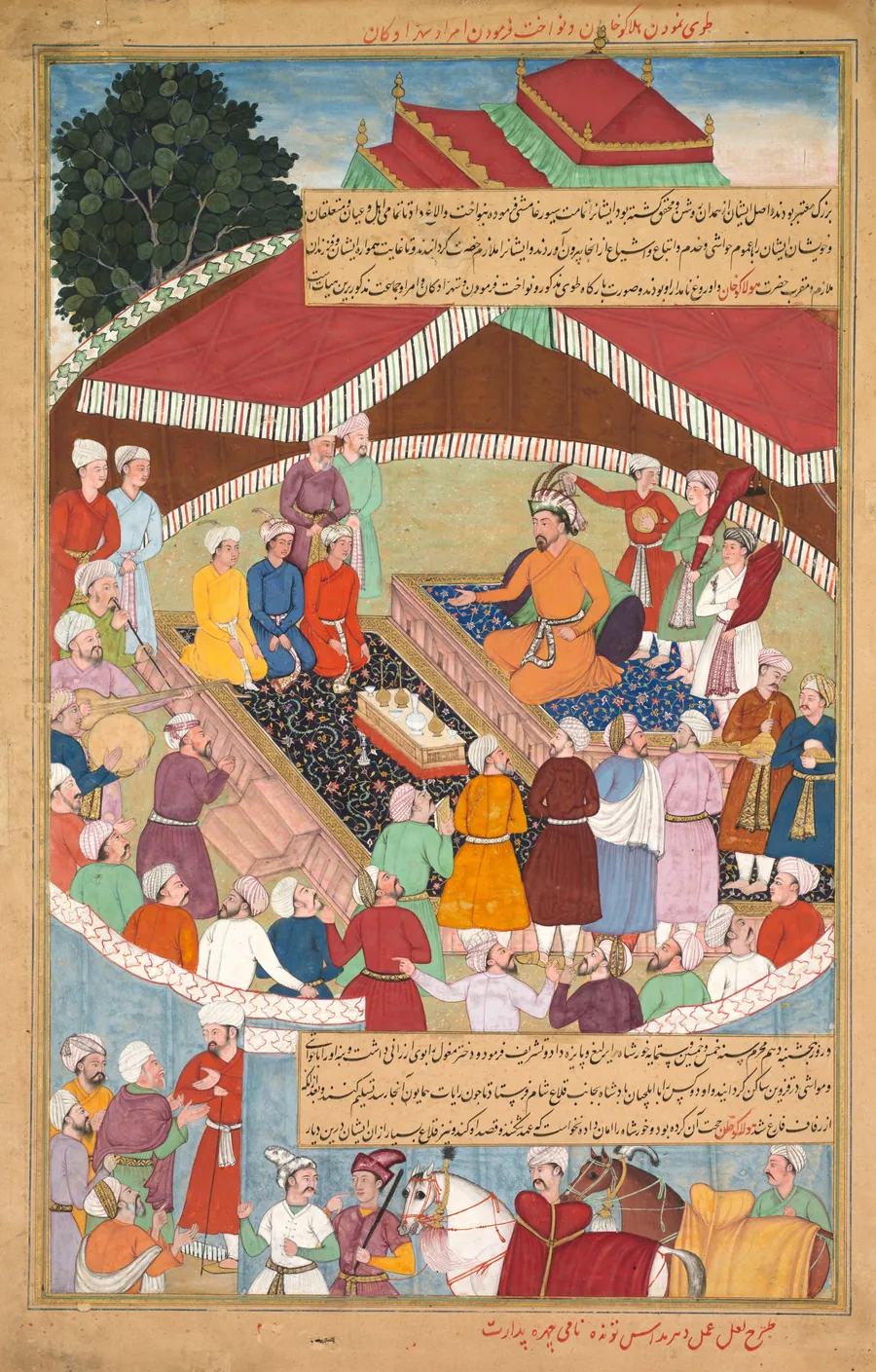 Hulagu Khan giving a feast and dispensing favor upon the amirs and princes, from a Chingiz-nama (Book of Chingiz Khan) of the Jami al-tavarikh (Compendium of Chronicles) by Lal
