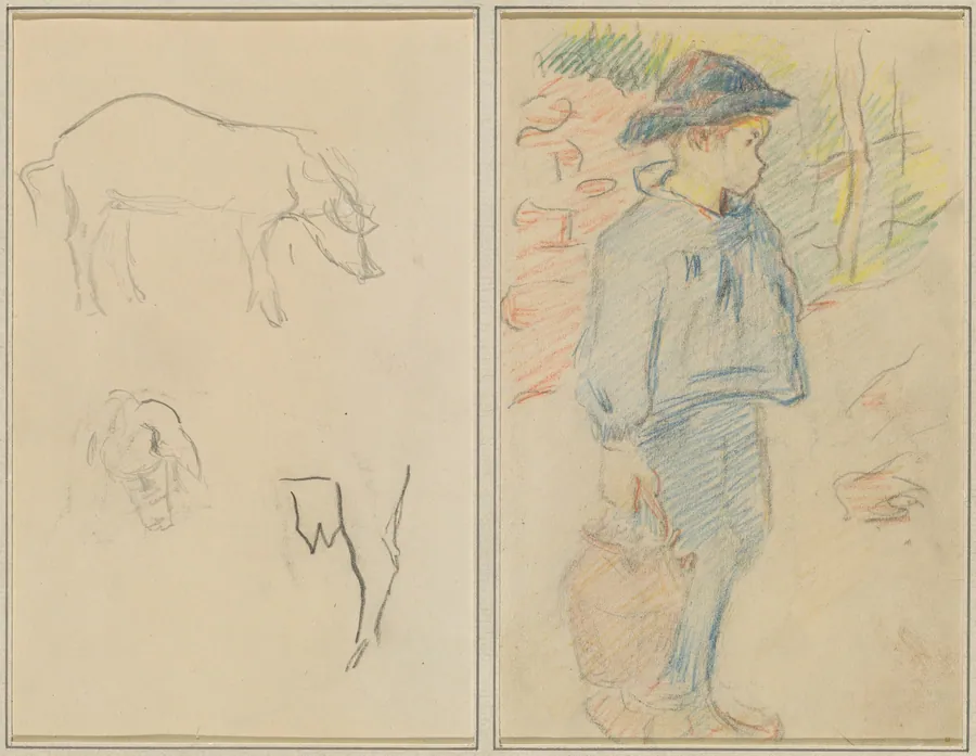 Three Studies of a Pig; Breton Boy Walking with a Jug [recto] by Paul Gauguin