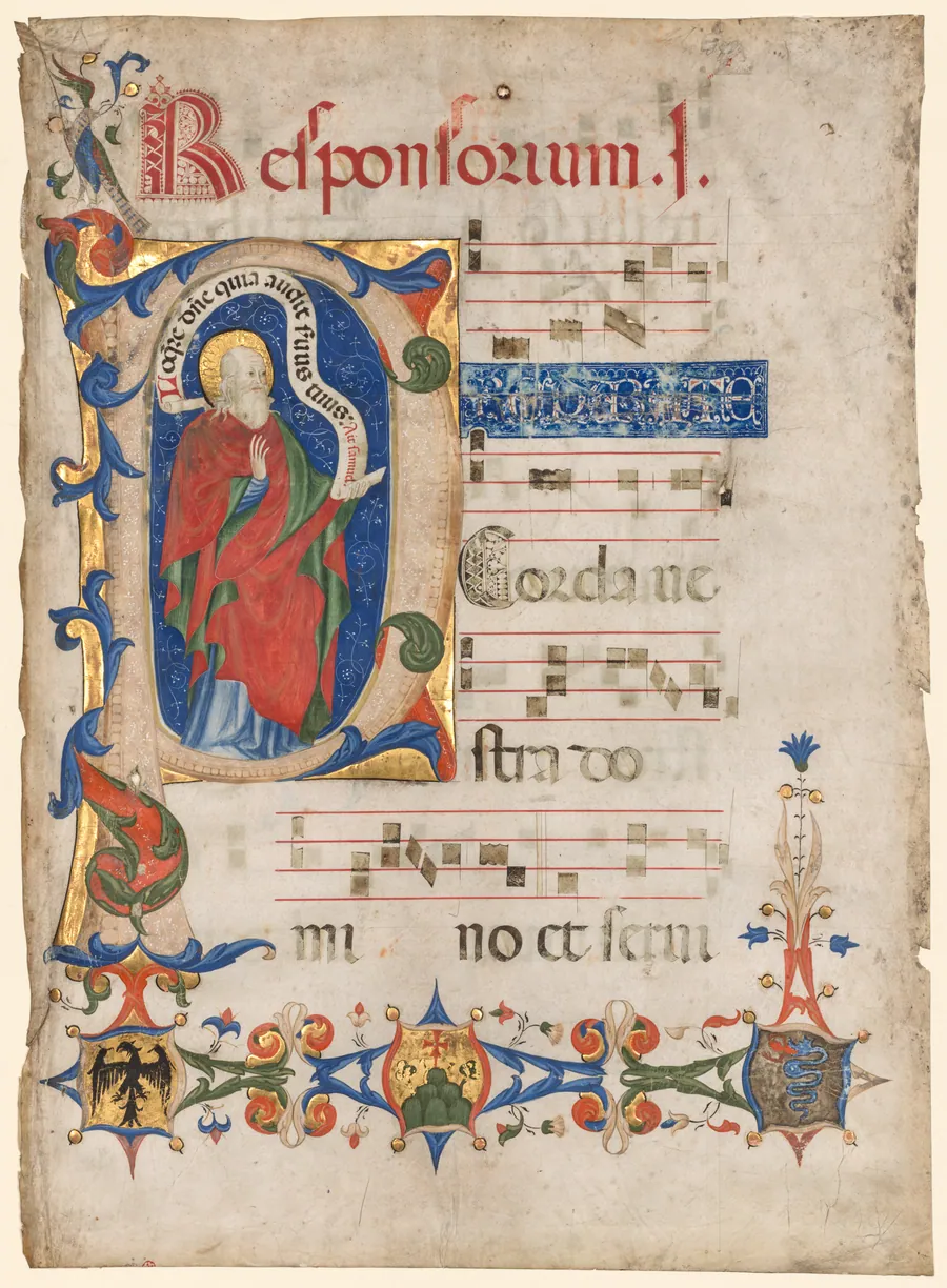 Leaf from an Antiphonary: Historiated Initial P with the Prophet Samuel; Arms of the Visconti Family and the Olivetan Order by Olivetan Master