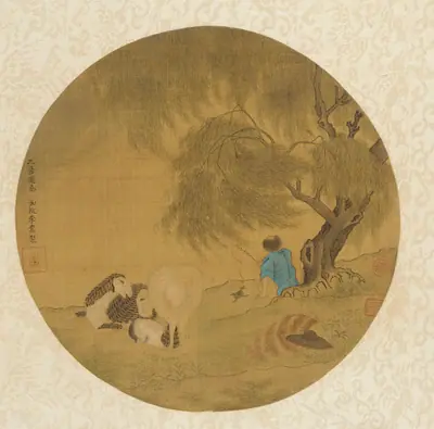 Sheep and shepherd-boy under a willow