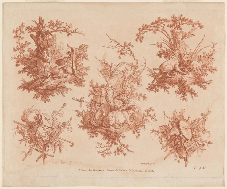 Five Trophies with Themes of Hunting, Love, and Folly by Gilles Demarteau the Elder
