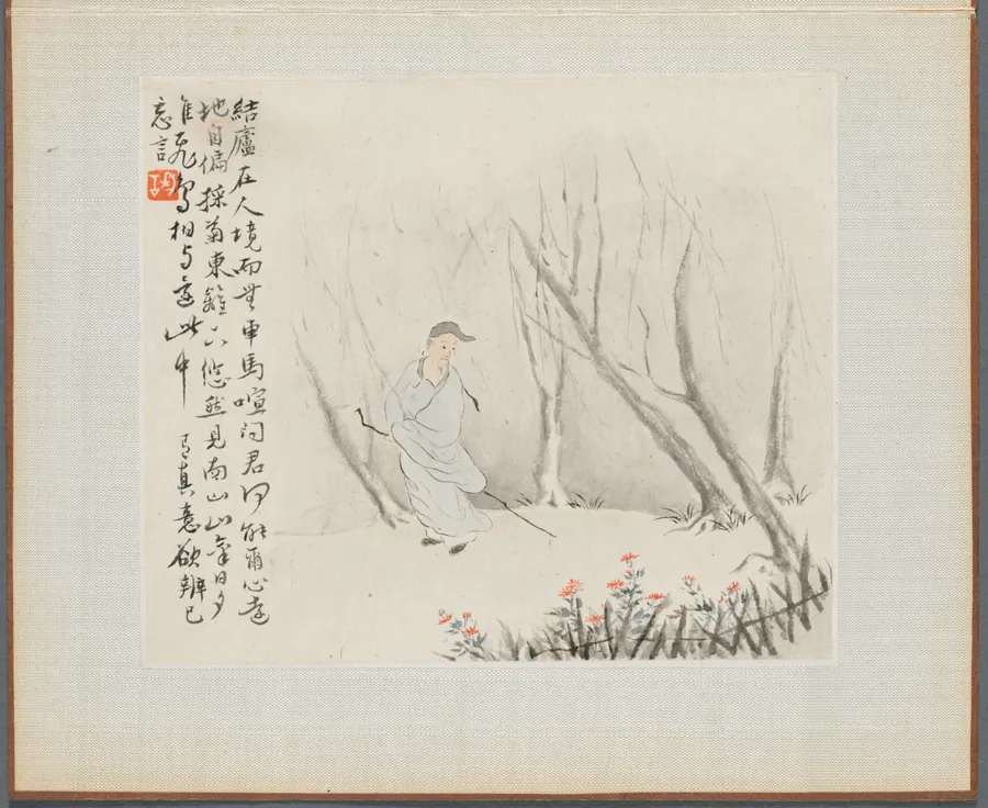 Album of Landscape Paintings Illustrating Old Poems:  Man with a Staff Admires Chrysanthemums at a Fence by Hua Yan