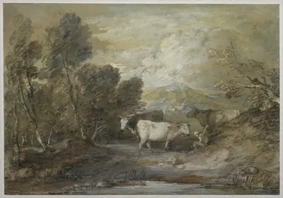 A Herdsman with Three Cows by an Upland Pool