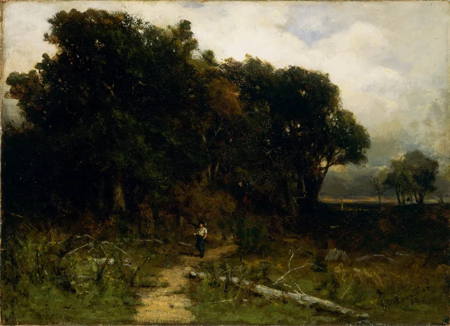 Untitled (landscape, woodcutter on path) by Edward Mitchell Bannister, born St. Andrews, New Brunswick, Canada 1828-died Providence, RI 1901