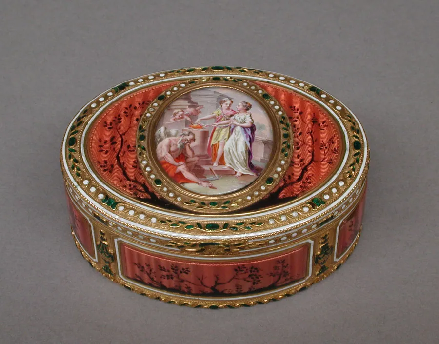 Snuffbox with scene of two maids and cupid at altar of love by Esay Souchay