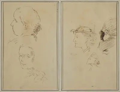 Two Head Studies and a Crouching Nude Woman; Two Women's Heads and a Head of Child [recto]