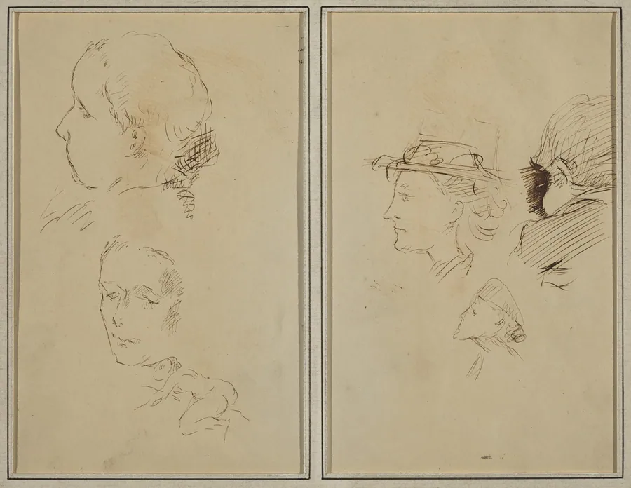 Two Head Studies and a Crouching Nude Woman; Two Women's Heads and a Head of Child [recto] by Paul Gauguin