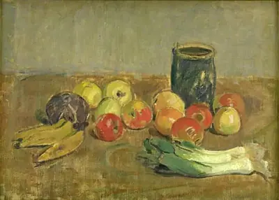 Nature morte. Æbler, porrer, bananer, og grøn krukke