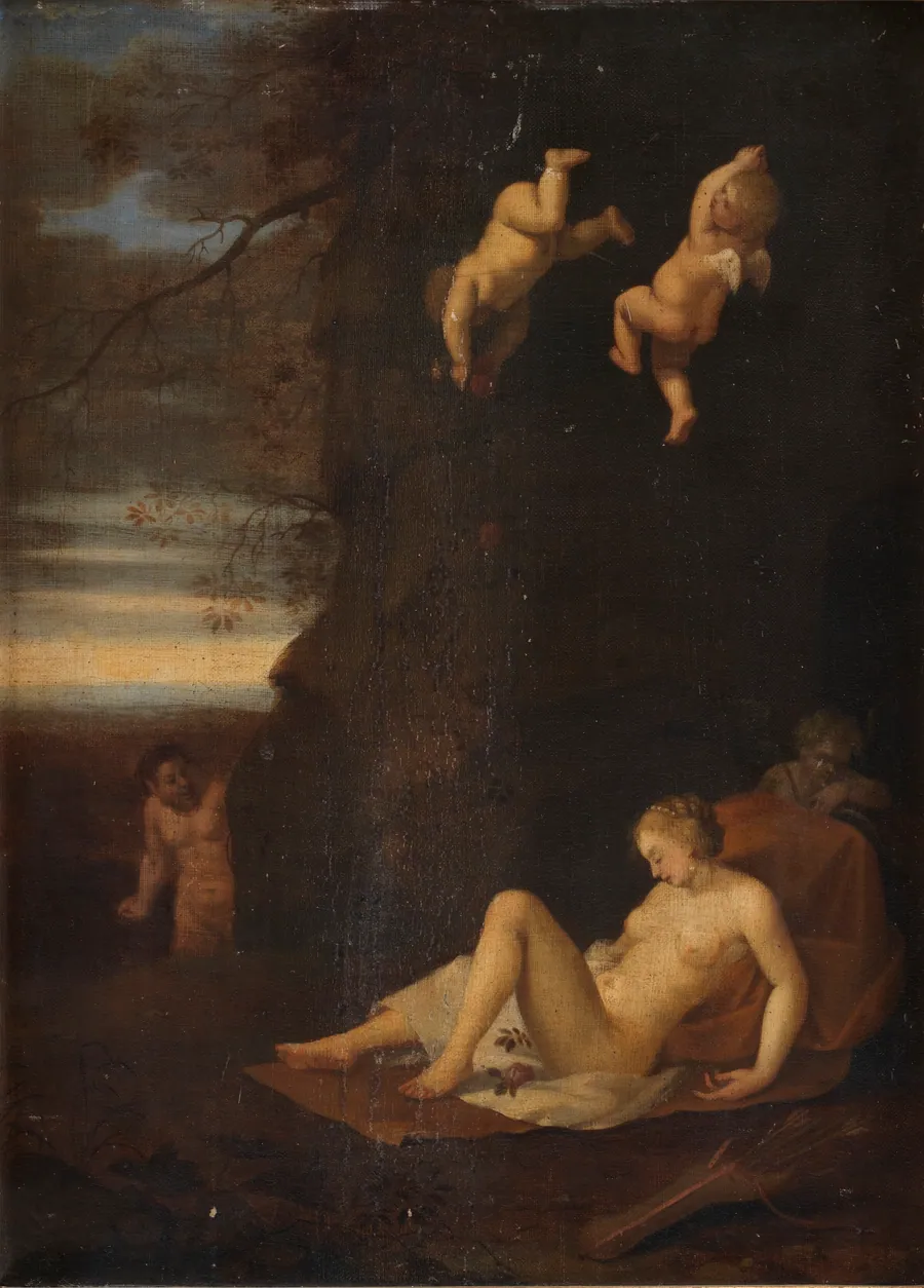 En satyr belurer en sovende nymfe. Antiope by Toussaint Gelton