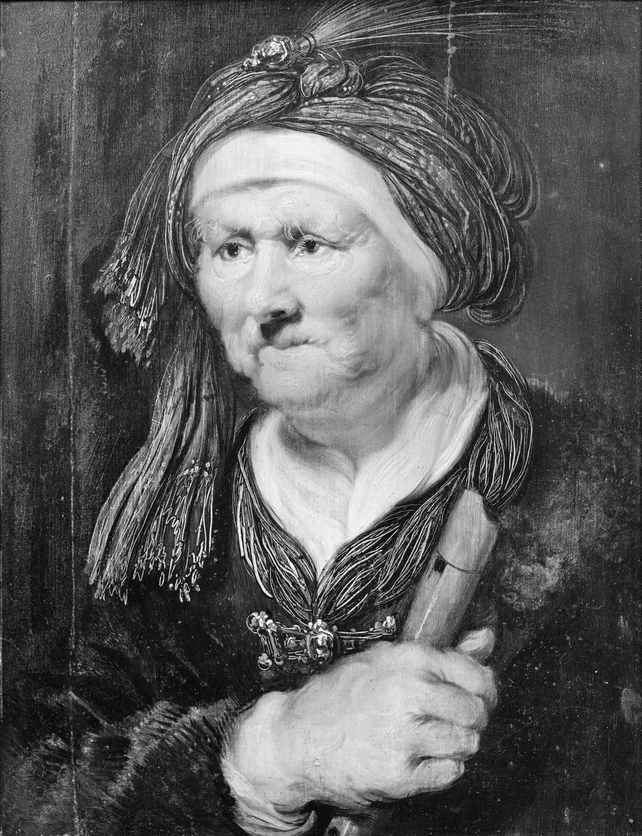En gammel kone. Allegorisk fremstilling af hørelsen by Mander III, Karel van