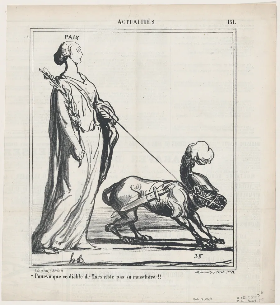 Let's just hope that this devil Mars doesn't pull out of his muzzle, from 'News of the day,' published in Le Charivari, July 18, 1868 by Destouches