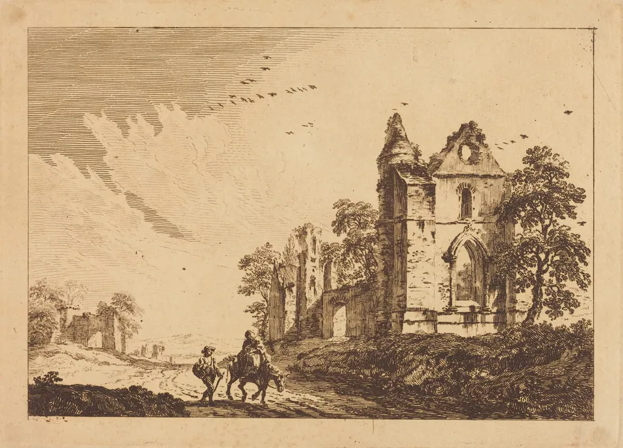 Ruined Abbey with Travelers on the Road by Paul Sandby