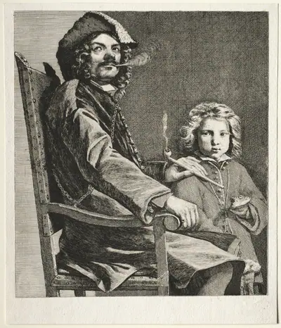 Man Smoking a Pipe and a Small Boy