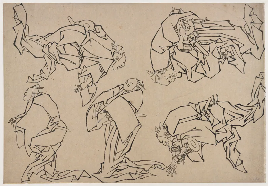 Five musicians playing drums by Katsushika Hokusai 葛飾北斎 (1760-1849)