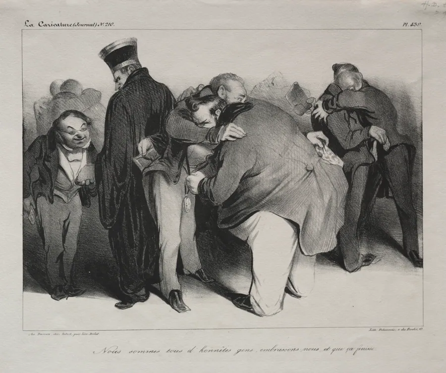 We are all honest men, so let us embrace and be done with it by Honoré Daumier