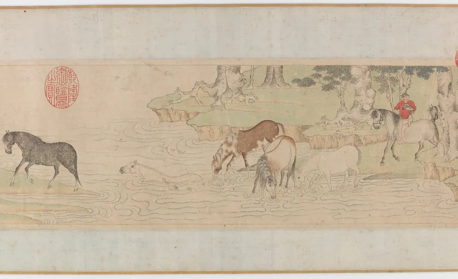 Horses and Grooms Crossing a River by Traditionally attributed to Zhao Mengfu 趙孟頫 (1254-1322)