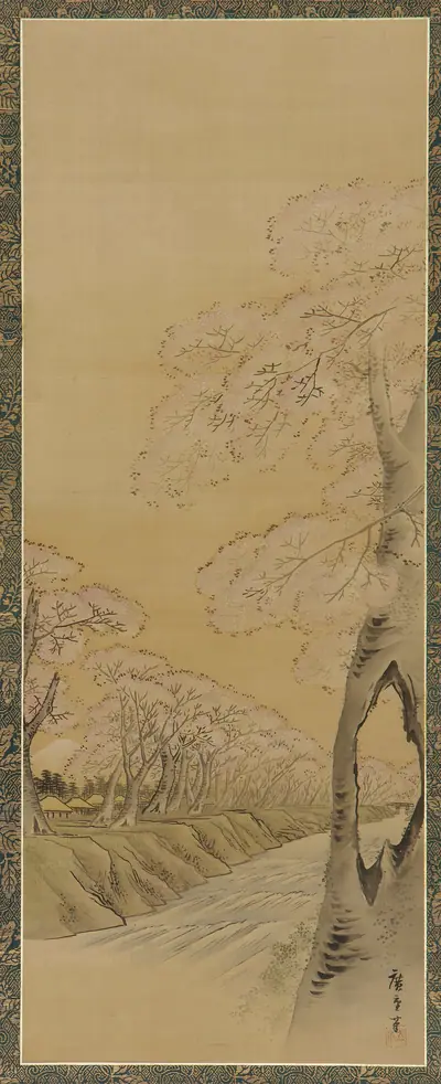 Landscape: flowering cherry trees along the banks of a stream