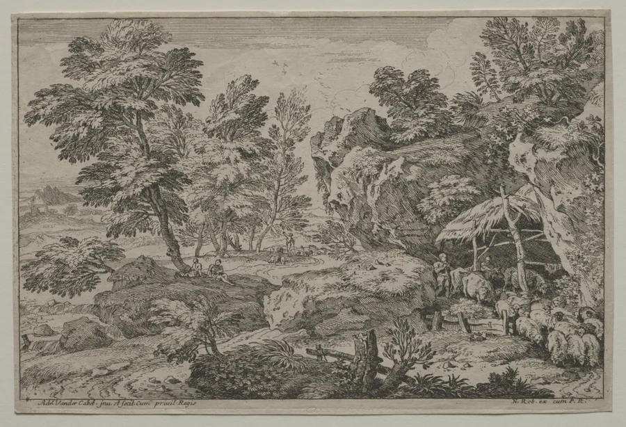 Landscape with Shepherds and two Flocks by Adrian van der Cabel