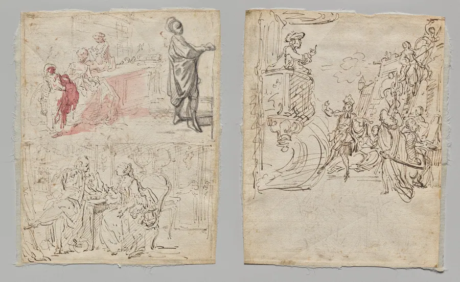 Theatre Scene (recto); Lingerie Boutique and Conversation (verso) by Gabriel de Saint-Aubin