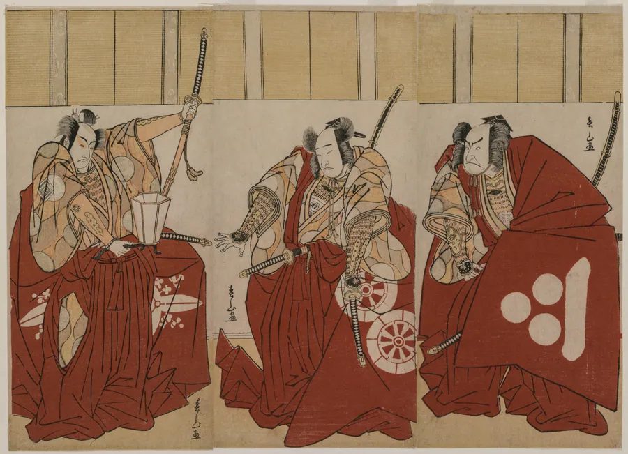 Ichikawa Monnosuke II as Urabe Suetake, Onoe Matsusuke I as Usui Sadamitsu, and Nakamura Nakazo I as Watanabe no Tsuna in “The Four Heavenly Kings Costumed as the Night Watch” by Katsukawa Shunzan