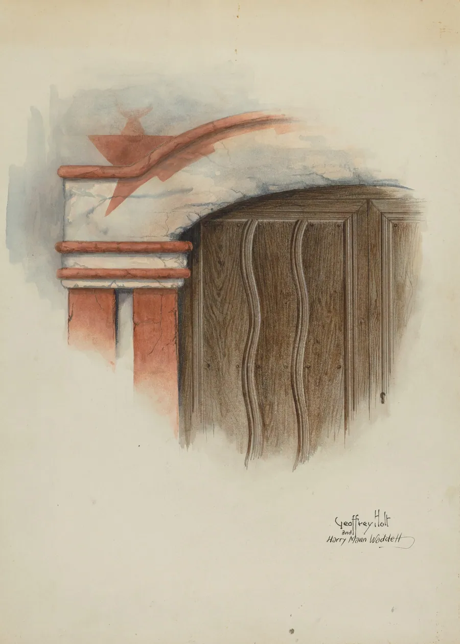 Restoration Drawing: Detail of Arch, Main Doorway, and Door, Mission-House by Harry Mann Waddell
