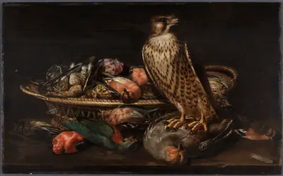 Stilleben med vandrefalk og fugle