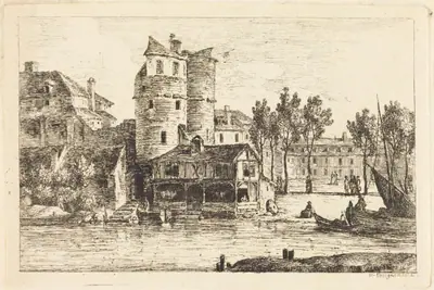 Town on a River Bank with Two Round Towers