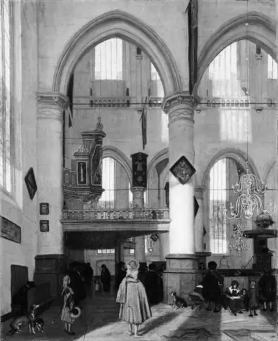 Det indre af Oude Kerk i Amsterdam under en prædiken