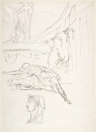 Sheet of Studies, Including a Roman Head, a Male Figure on a Pyre, and a Colonnade.
