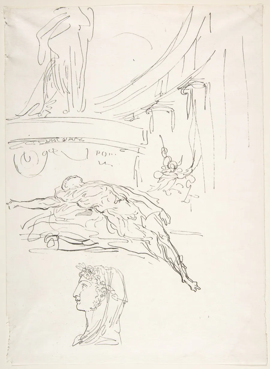 Sheet of Studies, Including a Roman Head, a Male Figure on a Pyre, and a Colonnade. by Luis Paret y Alcazar
