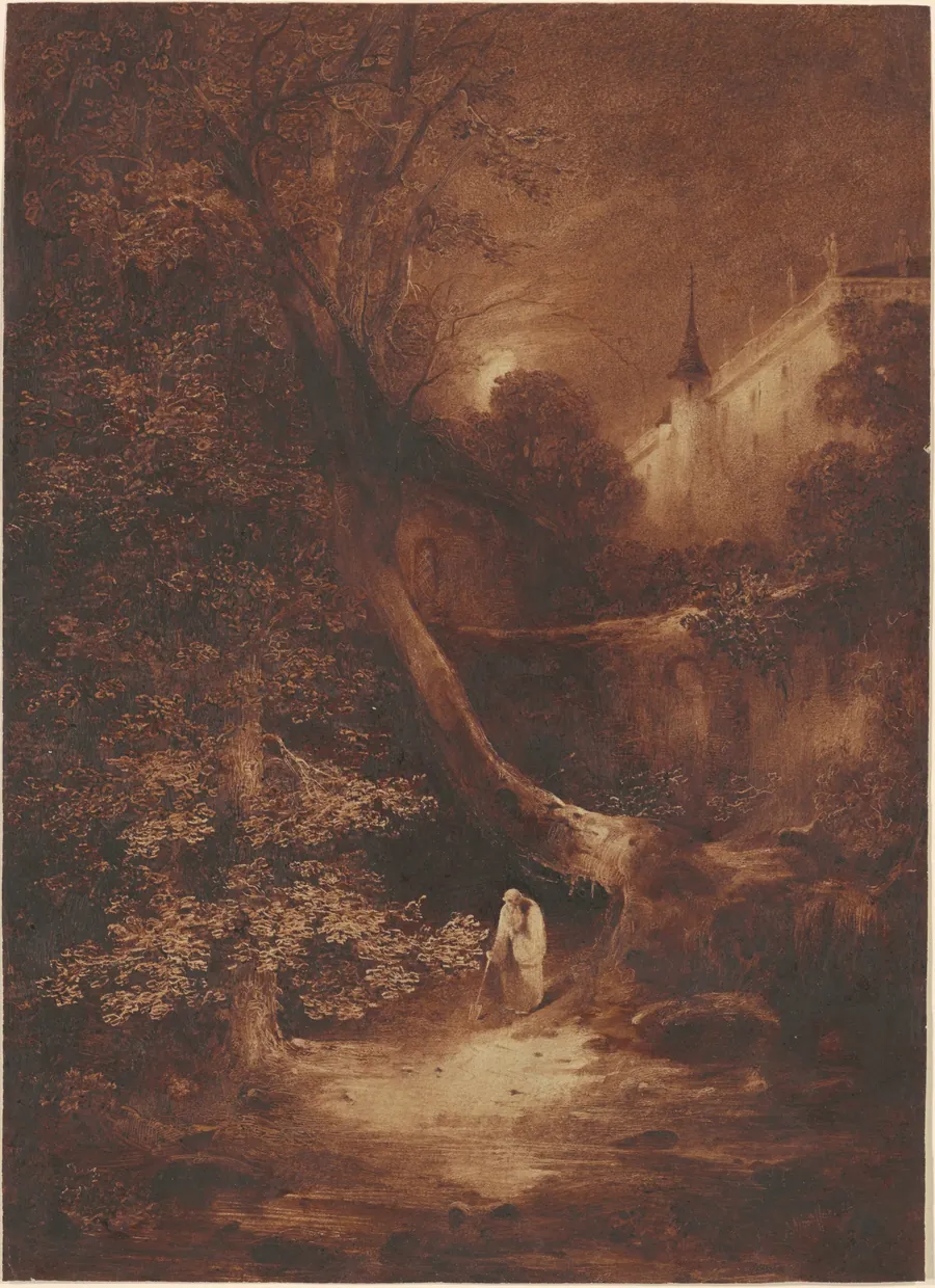 Moonlit Landscape with a Monk Walking near a Palace by Julius Albert Elsasser