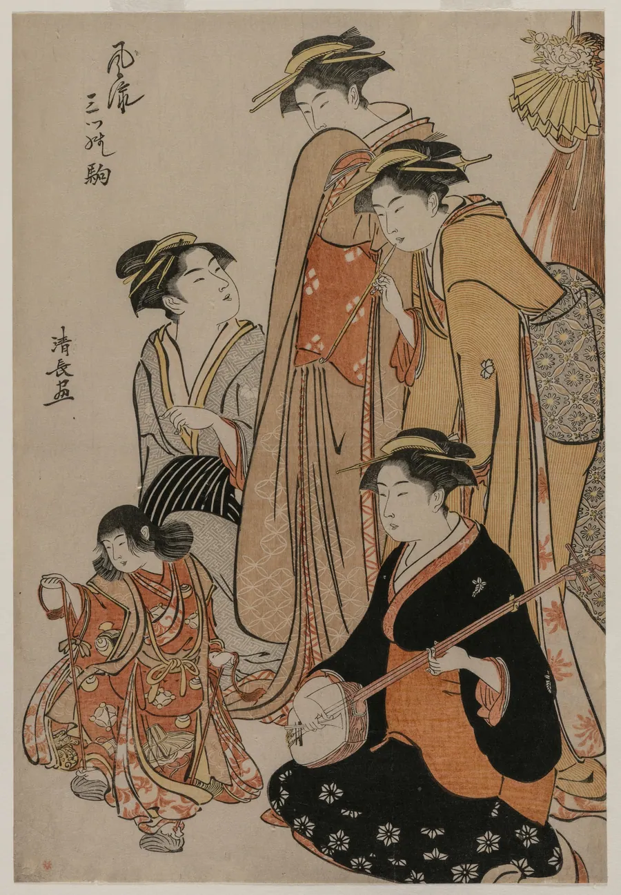 Women Watching a Girl Dance on Shells (From the series Fashionable Presentations of Three Horses) by Torii Kiyonaga