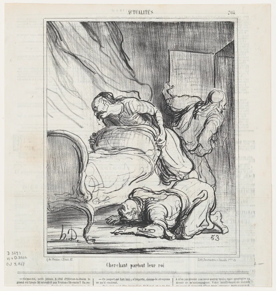 Looking everywhere for their king, from 'News of the day,' published in Le Charivari, October 4, 1867 by Honoré Daumier