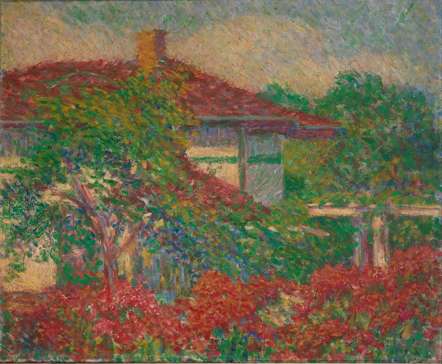 (Landscape with Red Roof Building) by Carl Newman, born Philadelphia, PA 1858-died Abington, PA 1932