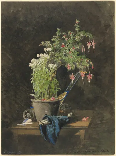 A Potted Fuchsia with Children's Toys