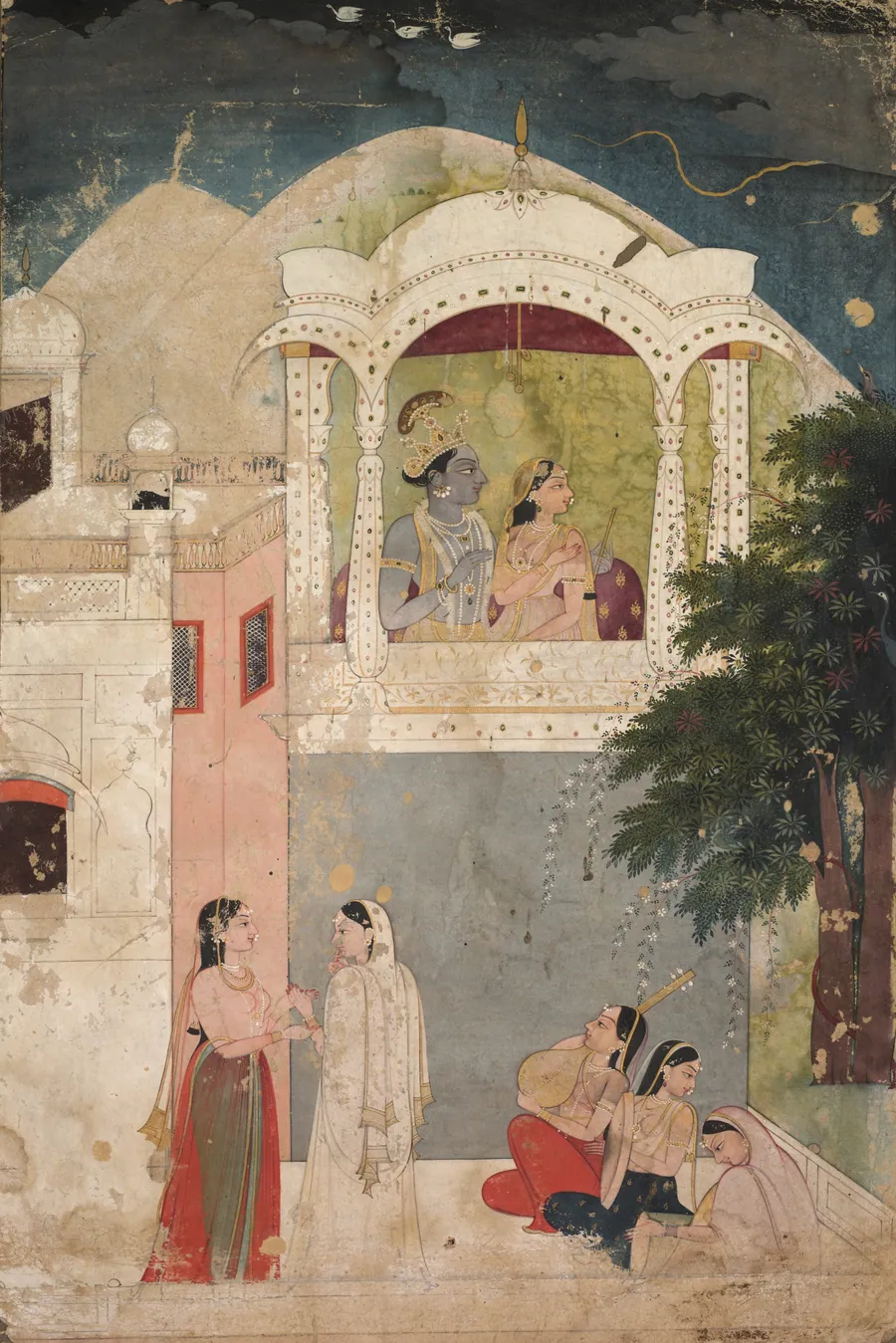 Radha and Krishna seated on a balcony