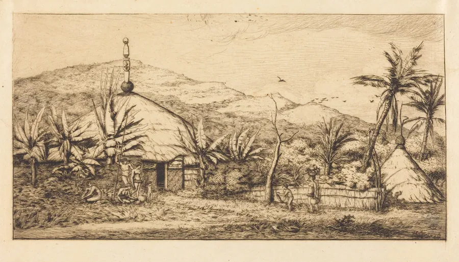 Nouvelle-Calédonie: Grande case indigène sur le chemin de Ballade à Poepo, 1845 (New Caledonia: Large Native Hut on the Road from Balade to Puebo, 1845) by Charles Meryon