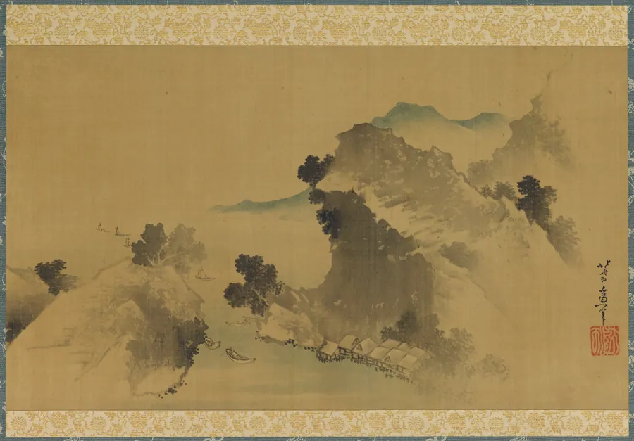 Landscape: mountains, stream and boats by Katsushika Hokusai 葛飾北斎 (1760-1849)