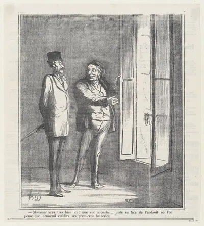 Monsieur will be very satisfied here: a superb view... Right in front of the spot where they think the enemy will set up his first forces, from 'News of the day,' published in Le Charivari, September 14, 1870