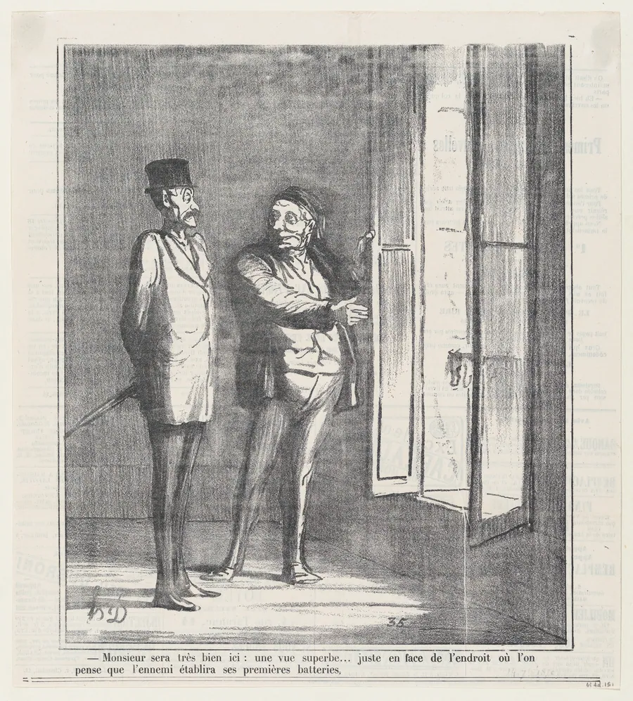Monsieur will be very satisfied here: a superb view... Right in front of the spot where they think the enemy will set up his first forces, from 'News of the day,' published in Le Charivari, September 14, 1870 by Honoré Daumier